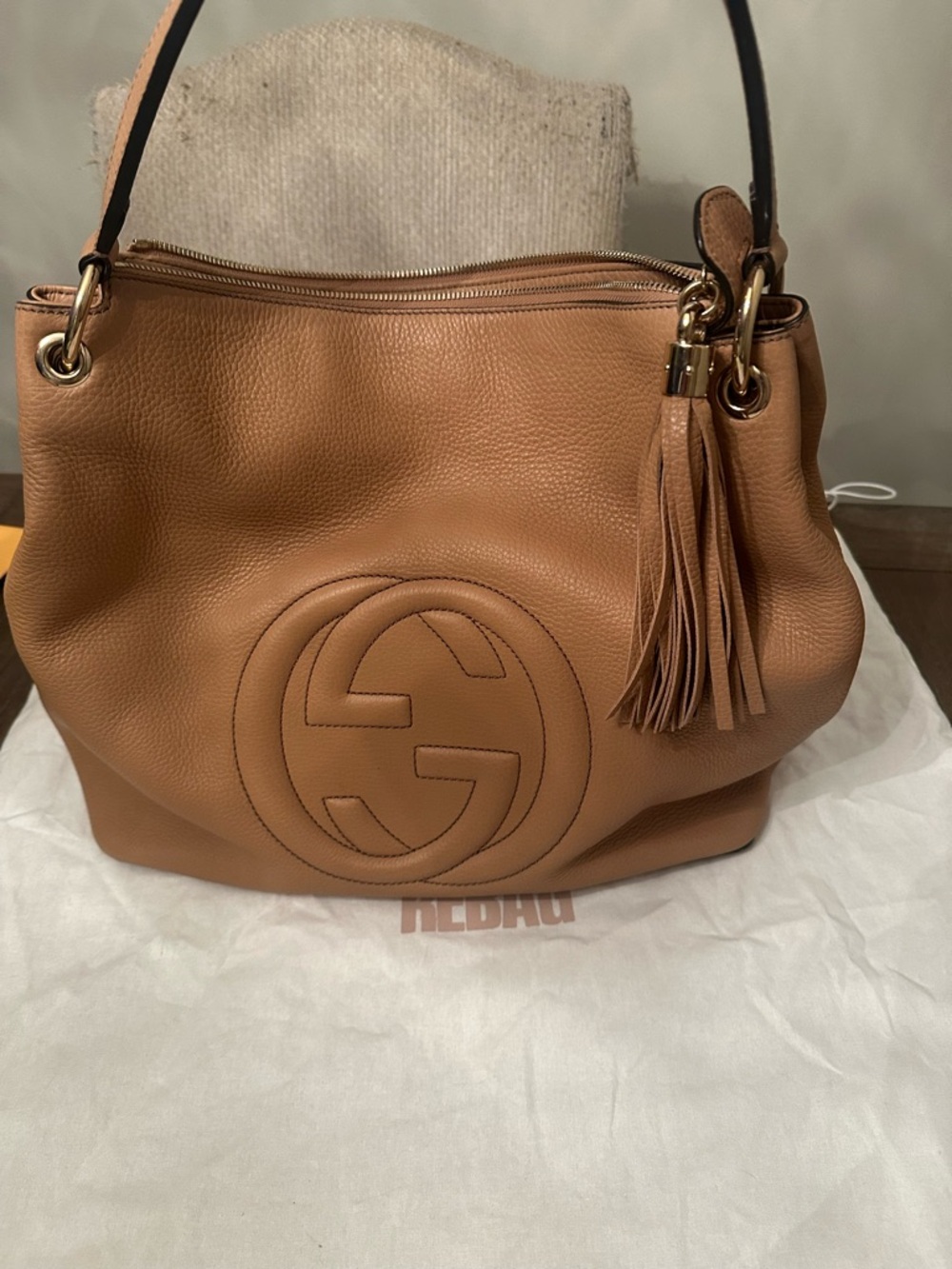 Gucci Tan Pebbled Leather Shoulder Bag with Tassel